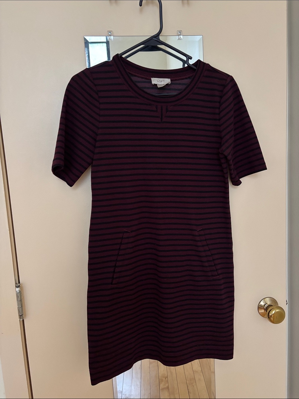 LOFT Burgundy and Black Striped Short-Sleeve Shift Dress